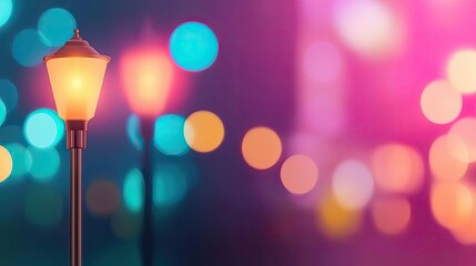 Poster - Scenery abstract background idea. City street lamp glowing against a vibrant, colorful bokeh background at night.