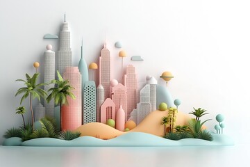 Poster - moody pastel cityscape with sleek pastel architecture captivating pastel dot and line designs 3d whi