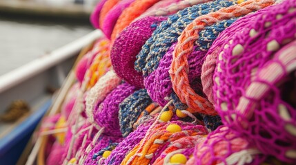 A colorful fishing net stacked on a boat, with ropes and buoys visible.