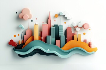Poster - Mesmerizing pastel toned cityscape featuring sleek and modern architectural elements accompanied by captivating abstract dot and line patterns in a clean futuristic setting