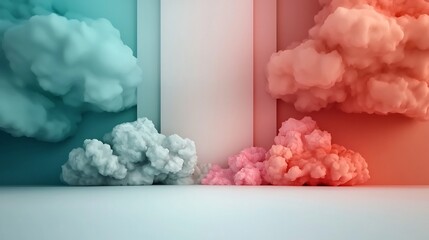Poster - Moody and Ethereal Pastel Skyscape with Dramatic Clouds and Mesmerizing Pastel Motifs Set Against a Pristine White 3D Rendered Environment Offering a Cinematic and Captivating Backdrop