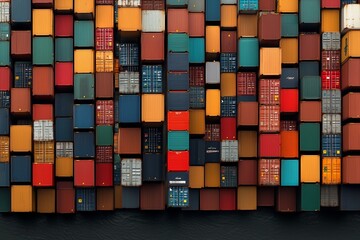 Poster - Sweeping aerial view of a bustling seaside shipping port showcasing the dynamic choreography of heavy machinery and maritime vessels transporting endless stacks of multicolored cargo containers