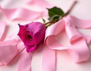 Poster - A single pink rose with a pink ribbon tied around it