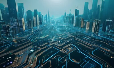 Aufkleber - Futuristic neon-lit cityscape showcasing advanced architecture, glowing skyscrapers, and high-tech urban innovation with vibrant cyberpunk aesthetics.