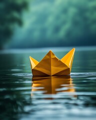 Poster - A closeup of a yellow paper boat on calm, reflective water, soft light playing on the surface, serene and tranquil scene, hyperdetailed, 8K