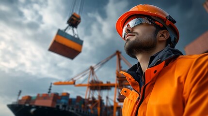 Poster - Offshore crane operators meticulously loading and unloading cargo from ships at a bustling port facility with cranes systematically lifting and lowering containers in a rhythmic mechanized dance