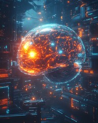 Leinwandbilder - Artificial intelligence brain surrounded by glowing data streams and holographic interfaces, futuristic scifi design, ultrarealistic, high resolution, cinematic detail