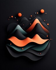 Poster - Dreamlike abstract digital artwork featuring a dark moody environment with soft pastel dots and undulating lines composing a wave patterned mountain design