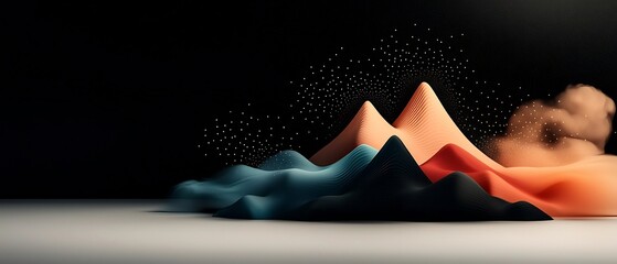 Leinwandbilder - Ethereal abstract dark black canvas with pastel colored dots and sweeping lines forming a wave like mountain topography 3D digital art in a pristine white environment with crisp definition