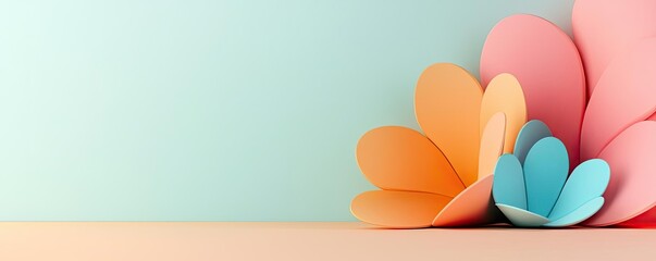 Poster - Scenery abstract background idea. Colorful paper flowers arranged on a pastel background for decoration and design.