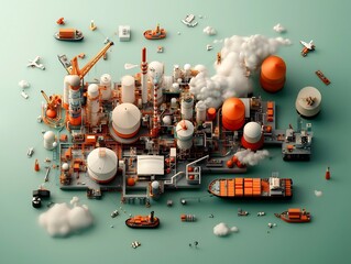 Poster - Sweeping aerial perspective of a bustling offshore oil and gas platform featuring a complex network of towering storage tanks cargo ships and oil rigs rendered in a gritty