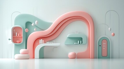 Poster - Futuristic Pastel Cityscape with Sleek 3D Architectural Patterns and High Tech Aesthetic  A clean minimalist digital featuring a dynamic colorful cityscape with modern