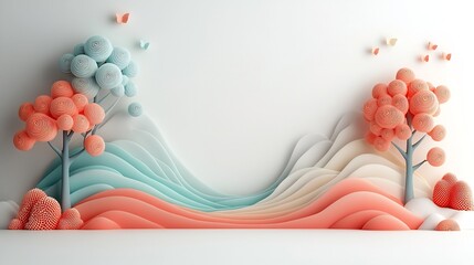 Poster - Whimsical and serene pastel colored forest landscape with soft organic tree forms cascading fluid patterns and a bright white backdrop  This digital 3D artwork has a dreamlike contemporary aesthetic