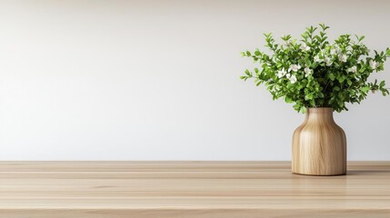 Leinwandbilder - Minimal furniture idea. A stylish vase with greenery on a wooden table against a minimalistic background.
