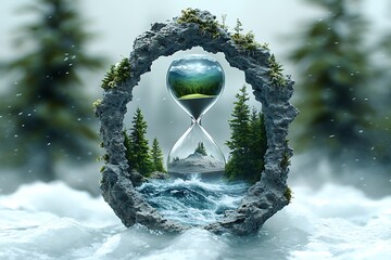 An hourglass filled with changing landscapes symbolizes the passage of time and its impact on the environment.