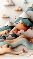 Poster - Pastel toned mountain landscapes with a dynamic wave of dotted and lined patterns across the surface creating an abstract and surreal digital art composition against a clean white background