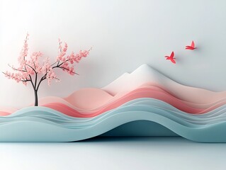 Poster - Tranquil pastel landscape with flowing dynamic brushwork and a serene mirror like lake reflection  A minimalist contemporary digital painting with a dreamlike surreal atmosphere