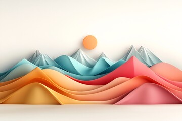 Poster - Captivating 3D digital art landscape showcasing vibrant pastel desert dunes and mesmerizing abstract motifs against a bright white backdrop offering a serene and contemporary visual experience