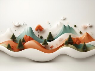 Poster - Serene  digitally rendered pastel mountainscape with a fluid  wave like pattern of dots and lines flowing across the undulating terrain and organic  abstract landscape