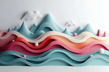 Poster - Ethereal and serene pastel colored seascape with rolling textured waves and intricate dot and line motifs rendered in a minimalist 3D studio setting with a pure white background