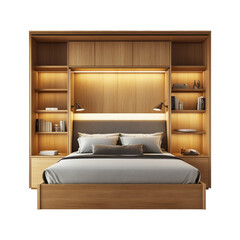 Aufkleber - A modern bedroom features a built-in wooden bed frame with integrated shelving, drawers, and soft lighting, creating a sleek and functional design.