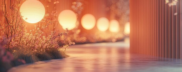 Poster - Scenery abstract background idea. A serene pathway illuminated by soft lanterns in a tranquil setting.