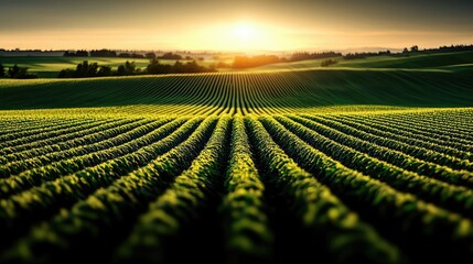 Aufkleber - Scenery abstract background idea. Vibrant green fields stretch under a stunning sunset, capturing nature's serene beauty.