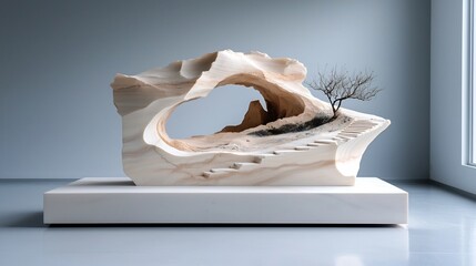 Poster - Captivating marble textured stone sculpture with organic flowing design and intricately carved shapes and contours showcasing a smooth polished surface and interplay of light and shadow in a serene