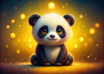 Wall Mural - Night Panda Drawing, Yellow Background, Cute Cartoon Animal Illustration