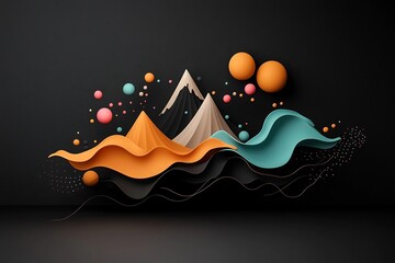 Poster - Moody abstract composition with a black base pastel colored dots and flowing lines creating a mountainous silhouette in a 3D digital artwork set against a clean white background with maximum