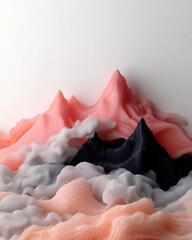Poster - Pastel Stippled and Brushed Mountain Forms with Gradient Clouds and Hazy Mist on a Clean White Studio Backdrop a 3D Rendered Abstract Landscape Artwork in Contemporary and Experimental Style