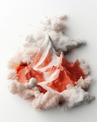 Poster - Pastel toned Stippled and Brushed Mountain Formations against a Clean White Canvas Background with Soft Cloud Shapes and Minimalist Geometric Landscapes in a 3D Rendered Composition