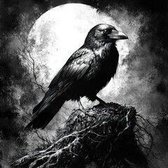 Sticker - Gothic Raven: Black Bird on Moonlit Tree