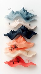 Poster - Serene Pastel Mountain Silhouettes with Minimalist Layered Patterns   Abstract Digital Landscape Artwork with Dotted and Striped Textures in a Pristine 3D Setting