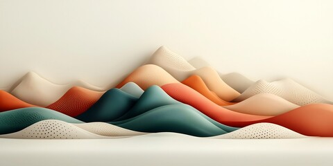 Poster - Serene pastel mountains adorned with a rhythmic wave of dotted and linear patterns set against a bright white background  This 3D abstract landscape art piece showcases a contemporary