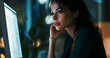 © Jack - Woman, computer and thinking in office at night, accountant online and monitor economy growth. Female person, professional and ideas for finance in workplace, review budget and website for insight