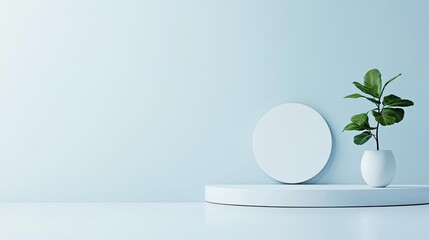 Leinwandbilder - Minimal furniture idea. Minimalist interior design featuring a plant and circular decor on a soft blue background.