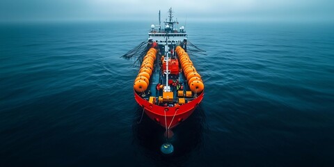 Poster - Expansive aerial view of an offshore seismic survey survey vessel towing a complex network of hydrophone cables to chart the underwater terrain