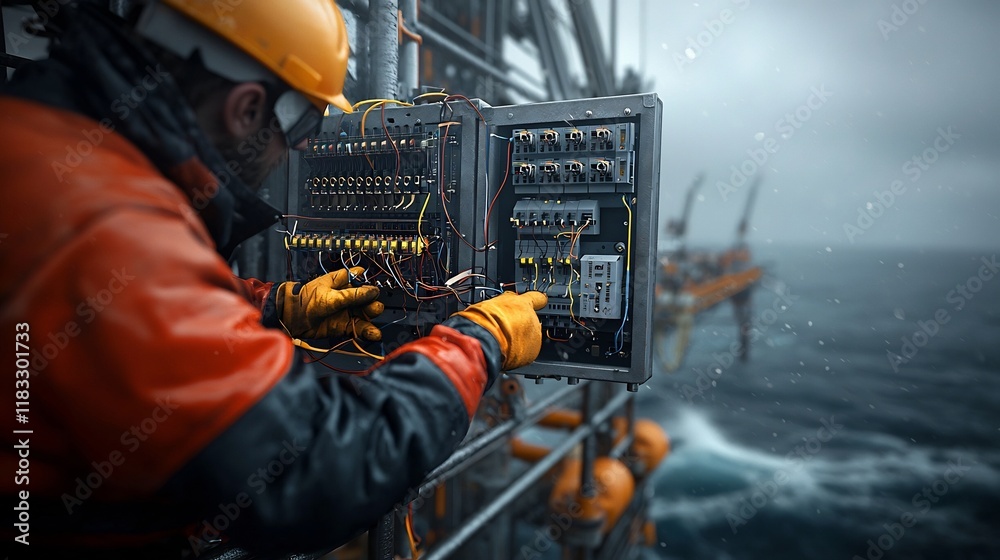 Offshore electricians troubleshooting complex electrical systems on an