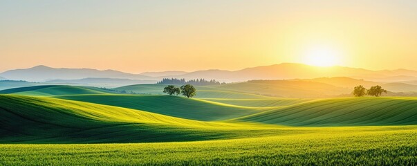 Scenery abstract background idea. A serene sunrise over rolling green hills, showcasing nature's beauty and tranquility.