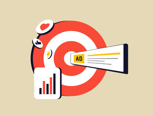 Poster - Targeted Digital Marketing, social media targeting. Behavioral, geotargeting and psychographic targeting in digital marketing. Targeted advertising vector illustration with icons on blue background