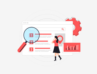 Wall Mural - SEO results page concept. Young girl analyzing top search engine rankings. Website choices, charts and ranking icons, perfect for digital marketing and online visibility topics. Vector illustration.