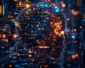 Poster - Futuristic robotic interface, artificial intelligence brain on display, neon glowing brain patterns, advanced AI technology, sleek and metallic design, digital evolution