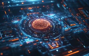 Poster - Hightech robot interface with glowing AI brain display, futuristic neural network, glowing digital patterns, advanced technology, sleek and sophisticated design