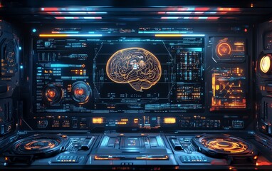 Poster - Hightech robot interface with glowing AI brain display, futuristic neural network, glowing digital patterns, advanced technology, sleek and sophisticated design