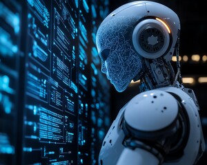 Poster - Hightech robot interface with a glowing AI brain display, futuristic neural connections, digital brain patterns, advanced technological ambiance, metallic and sleek design