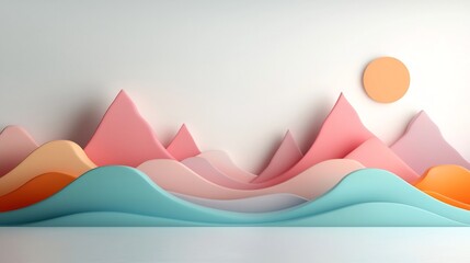 Poster - Vibrant pastel seascape featuring undulating waves and shimmering reflections created through 3D visualization in a pristine white studio