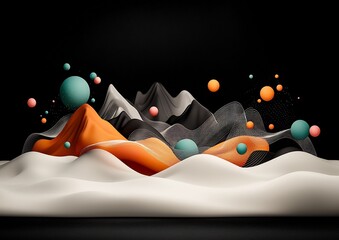Poster - Brooding black backdrop with a hypnotic arrangement of pastel dots and flowing line work undulating across a mountainous terrain 3D rendered pure white environment
