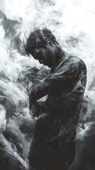 Wall Mural - Surreal Monochromatic Figure in Smoke: A Study of Melancholy