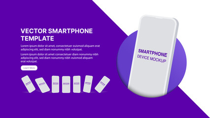 Poster - Realistic 3D Smartphone Vector Mockup in Circle: Blank Screen Mobile Phone and Cellphone on Purple Background for App Design Banner. Vector.